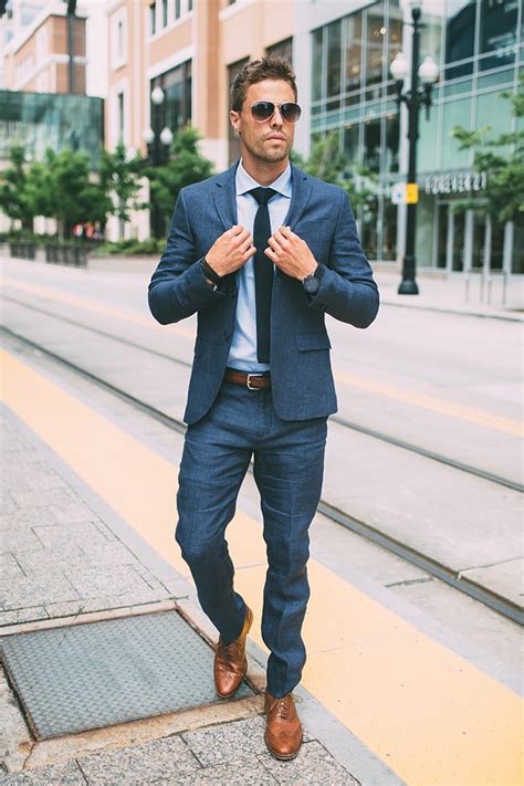 blue suit with tan shoes